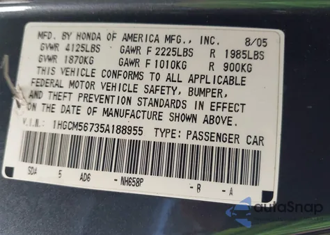 2005 Honda Accord 2.4 Ex from USA, damaged, VIN 1HGCM56735A188955